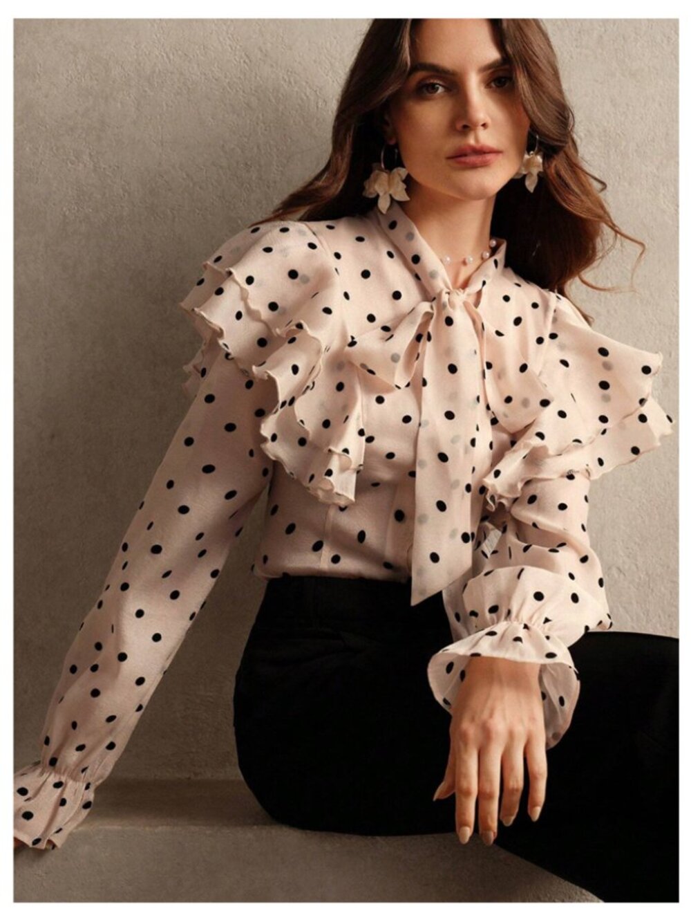 Anewsta Polka Dot Sheer Ruffle Blouse